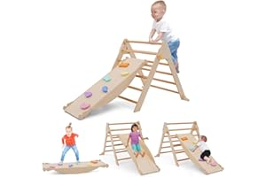 FORROBY 4 in 1 Arrampicata per Bambini, Triangolo di Arrampicata Pieghevole con Scivolo, Arco di Arrampicata, Tavola di equilibrio in legno, Scivolo per Bambini da Casa Interno,Giochi Montessori 1+ Anni