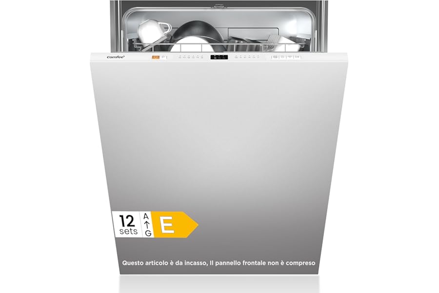 COMFEE' CDWPB1215P-W Built-in Dishwasher with 12 Places, 8 Programs, Delay Start, Half Load Function, Home Connect, Cloud Wash, Extra Drying - Stainless Steel
