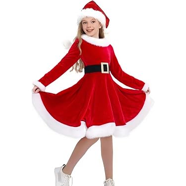 Robe De Noël Pour Petite Fille En Polaire - Manches Longues Avec Bonnet Intégré - Déguisement Père Noël Pour 3-4 Ans - 6