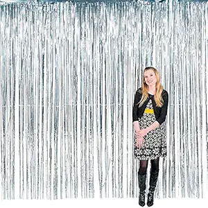 Shomex Tinsel Metallic Foil Window Curtain, 6 feet, Silver, 1 Piece