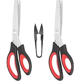 KUONIIY Set of 3 Zig-Zag Scissors (Dent and Wavy) with Gift Thread Cutter, Ergonomic Fabric Scissors, Black-Red