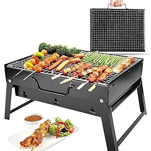 CHERRYLAND Folding Portable Barbeque Grill Toaster Charcoal BBQ Grill Oven for Indoor and Outdoor With Wooden Handle BBQ Skewers 4 (Black)