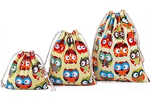 ABARÍA abaria 3 pz Sacchetto Coulisse Cotone, piccolo Organizer Borsa per Giocattoli, Valigia Bambini, Abbigliamento per neonati, gufo colorato