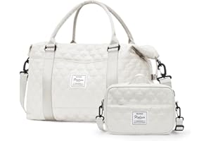 SEAFEW Bolsa de Deporte para Gimnasio para Mujer, Bolsa de Viaje, Bolsa Equipaje de Mano 55x40x20, Bolsa de Fin de Semana, Deporte Nocturno Duffle con Bolsa de Baño, D3-Beige (con Neceser)