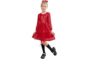 GRACE KARIN Vestido Niña de Manga Larga con Lentejuelas Vestido de Fiesta Elegante con Cuello Redondo Pliegues