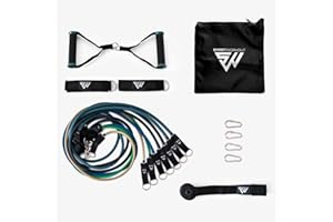 SmartWorkout® - Kit Elastici Fitness Professionale - Pacchetto Allenamento Completo 19 pezzi, 7 bande di resistenza totalizzanti 120 kg, barra per elastici, maniglie, Ancoraggio della porta & Programma Incluso