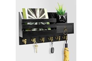 LPAMABA Boîte à Clé Murale en Bois, Porte Clef Maison Noir, Support Courrier Mural avec 6 Crochets et Étagère, Armoire Rangement à Clé Décoratif, pour Entrée Cuisine Couloir Bureau, 30x16.8cm