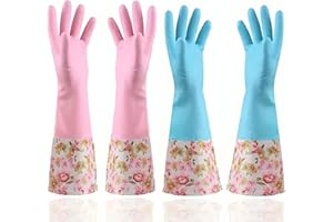 KINGFINGER Rubber Latex Waterproof Dishwashing Gloves,2 Pair Medium Long Cuff Flock Lining Household Cleaning Gloves