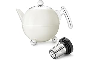 Bredemeijer Bella Ronde Edelstahl-Teekannen-Set 1,2L - Große doppelwandige Edelstahlkanne in Kugelform mit Füßen, Creme-Weiß - Mit Tee-Filter Sieb-Aufsatz für losen & Blätter-Tee