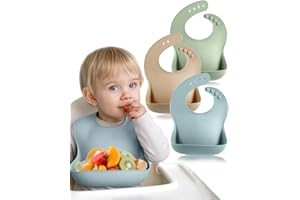 BebeCalin 3 Pack Baby Bibs 6-12 Months, BPA-Free Silicone Bibs, Soft & Adjustable Weaning Bib, Waterproof Easy to Clean Baby Feeding Bibs, Non-Messy with Large Food Catcher Pocket