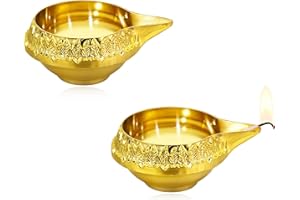 ATHEM 2 Pcs Diwali Diyas Brass Kuber Diya Oil Lamp for Diwali Decorations, Oil Lamp Golden for Puja Pooja, Traditional Indian Deepawali Housewarming Return Gift Items