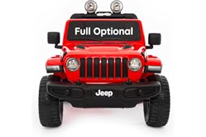 Babycar Jeep ® Wrangler Rubicon 2 Places 12 V avec siège en Cuir pour Enfants (Rouge) Voiture Electrique Enfants 2 Places Portes ouvrables avec télécommande 2,4 GHz Soft Start Full Optional
