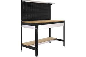 SIMON RACK SimonRack Etabli d’Atelier, Capacité de Charge 600 kg, 1445x1210x610 mm, Panneau Perforé avec 1 Étagère, Étagère Tiroir de Rangement, Table de Travail Bricolage, Anthracite/Bois - BT3