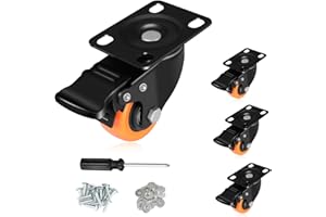 AIKYA Set 4 Ruote Girevoli Piatte Orange 50mm, con 4 Freno e Bulloni - Portata 300KG - Facili da Installare - Ideali per Mobili e Carrelli Interni ed Esterni