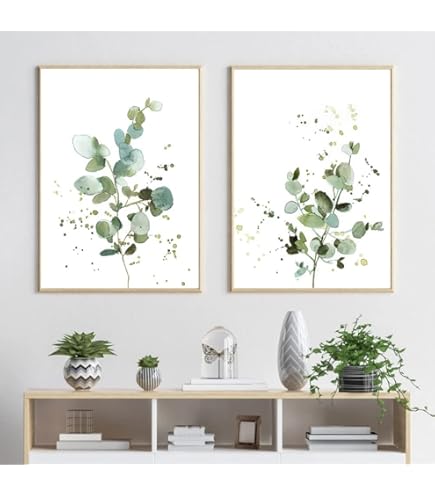 ZMFBHFBH 3 pannelli dipinti con cornice foglia verde tela immagine da parete stampa botanica pittura arte per soggiorno arredamento moderno poster 60x80cm (24x32in) x3 con cornice