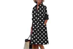 FRESQA Vestido Camisero Liso para Mujer, Moda de Verano, Informal, con Cuello Vuelto y Bolsillo, Vestidos por Debajo de la Rodilla de Manga Larga, Vestidos Sexis de Lunares para Mujer