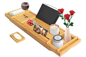 Todeco Pont de Baignoire Extensible Bambou, Plateau Planche avec Porte-Livre, Porte-Verre, Porte-Bougie et Support pour Téléphone, Planche de Bain en Bois de Luxe, Noir