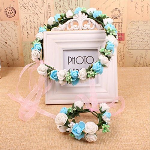 GCF® Flower Wreath Headband Women Rattan Head Festival Wedding Ribbon Adjustable Girl Flower Crown , Blue