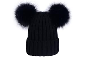 LAUSONS Women's Warm Winter Ribbed Knit Faux Fur Bobble Hat Double Pom Pom Beanie