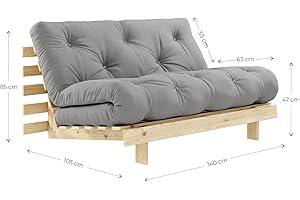 KARUP DESIGN Roots 2 sitzer Futon Schlafsofa im skandinavischen Stil Sofa mit Schlaffunktion im Natur Holz mit Grau Matratze 140 x 200, Gestell: nordische Kiefer FSC-zertifiziert, 20 x 140 x 200