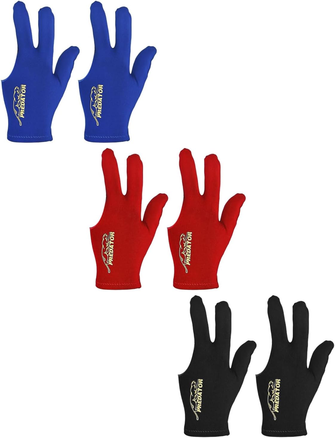 FUGLUS 6 piezas Guantes de billar con 3 dedos, unisex, elásticos, para accesorios de billar(negro + azul + rojo)