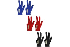 FUGLUS 6 piezas Guantes de billar con 3 dedos, unisex, elásticos, para accesorios de billar(negro + azul + rojo)