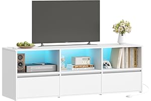 Hzuaneri Mueble de TV con Iluminación LED RGB, Mesa de TV de hasta 65 Pulgadas, Largo de 143,5 cm, con 3 Cajones y 3 Estantes Abiertos, 40 x 143,5 x 50 cm, para Salón, Dormitorio, Blanco-Plata