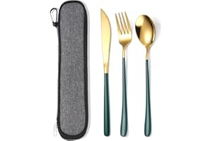 AARAINBOW Stainless Steel Silverware Set for 1, Reusable Knife Fork Spoon Set with Case, 3 Pcs Flatware Set for Travel Work, Lunchbox Cutlery Set (Green Gold)
