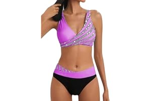 BIEDONGDA Maillots de Bain Femme 2 Pièces Taille Haute Vintage Bikini Set Push Up Col V Chic et Élégant Froncé Torsadé Ensemble Deux Pièces Tankini Beachwear Swimsuit Été Plage Vacances