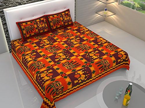 Artico 100% Pure Cotton Indian King Size Doublebed Bedsheets Rajasthani Traditional Tapestry Mandala Bohemian Boho Hippie Kantha Needle work Elephant Camel Motifs Style with 2 Pillow Cover
