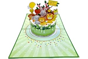 REMOTECH Biglietto di auguri pop-up 3D – Animali sulla torta – Compleanno bambini – Biglietto di auguri fatto a mano con busta – 15 x 20 cm – Safari Animali