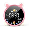 LEMNOI Réveil Éducatif Jour Nuit Lapin - Lampe De Chevet LED 5 Couleurs, Musique, Double Alarme, Température Et Snooze Pour Enfants