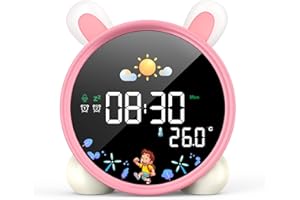 LEMNOI Réveil Educatif Jour Nuit Reveil Enfant Chatte 5 Couleurs Lumineux LED Lampe de Chevet avec Musique,Double Alarme,Température,Fonction Snooze (Lapin)