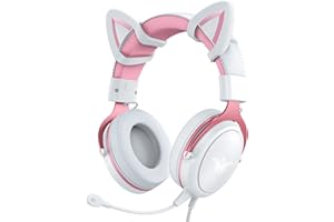 PHNIXGAM Gaming-Headset mit Mikrofon, Gaming Kopfhörer Katzenohren Rosa und Weiß mit Surround Sound, LED Hintergrundbeleuchtung für PS4, PS5, Xbox One (ohne Adapter), PC, Handy