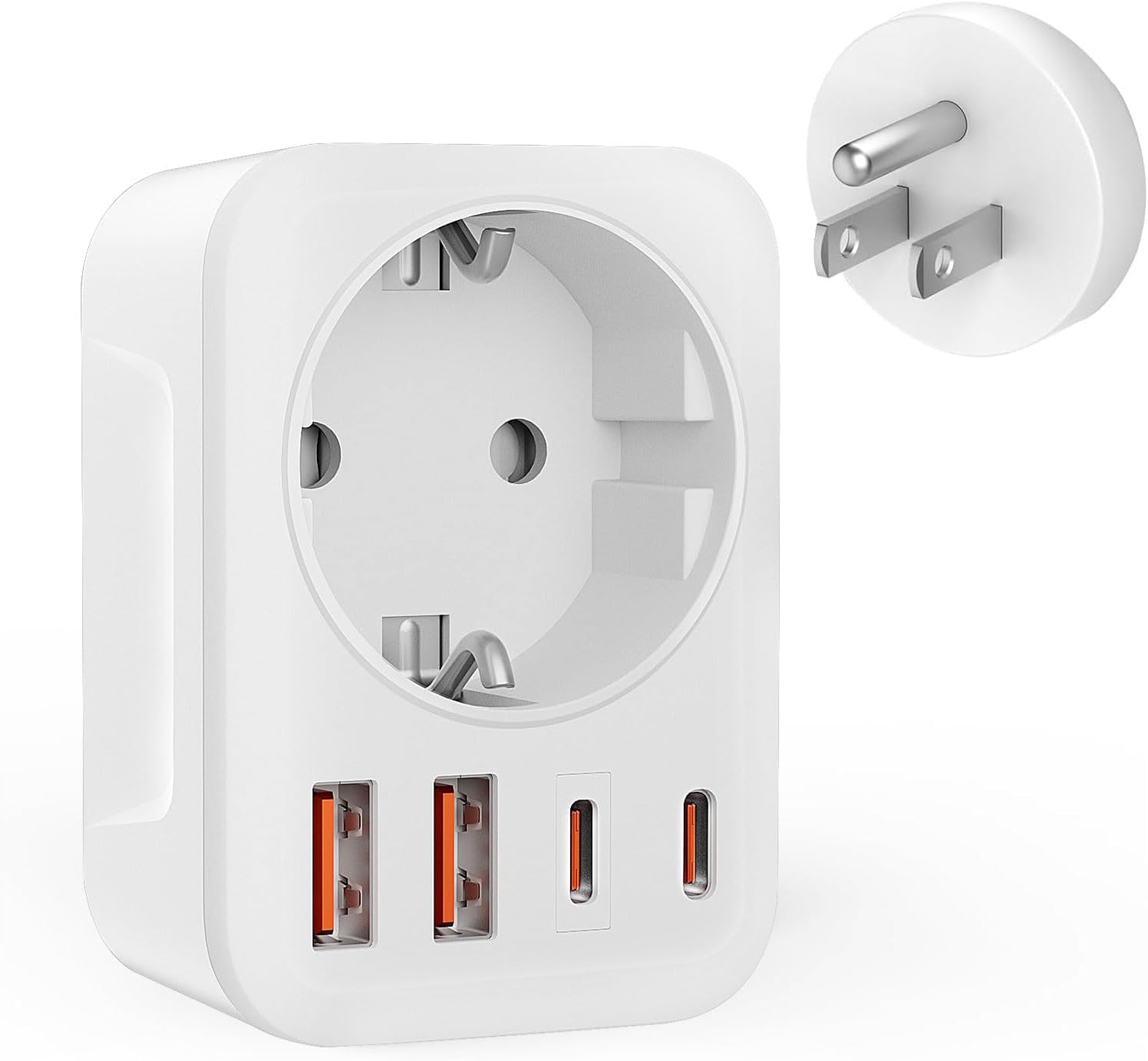 Clomnpe Adaptador Enchufe Europeo a Americano, 5 en 1 Adaptador Enchufe USA con 2 USB C y 2 USB A, Amplia Adaptabilidad, Europa/Español 2-Pin a 3-Pin USA Tipo B para EE.UU./Canadá/Mexico/Colombia/Perú