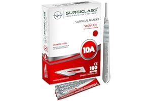 SURGICLASS Surgical Scalpel Surgical Blades # 10A Carbon Steel Sterile Box of 100 and Handle No 3 Perfect for Wood Art, Surgical, Sculpting, Repairs, Lab Anatomy, Sign, Card Making Lab Training SURGIRD10A-100