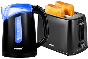 Geepas 650W 2 Slice Bread Toaster & 2200W Illuminating Electric Kettle Combo Set - 1.7L Cordless Jug Kettle for Hot Water Tea, Toaster with 6 Level Browning Control, Cancel - 2 Year Warranty Black