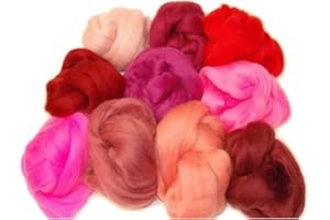 THE WOOL BARN Red/Pink hues Merino Wool roving/Tops A Mix of 10 Colours. Great for Wet Felting/Needle Felting, and Hand Spinning Projects. 60gm Pack