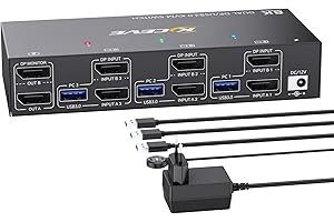 ESKEVE Switch KVM 3 PC 2 monitores 8K@30Hz, Switch KVM DisplayPort 4K@144Hz para 3 partes de PC, 2 monitores y 4 dispositivos USB3.0 con fuente de alimentación + cable USB y controlador de escritorio