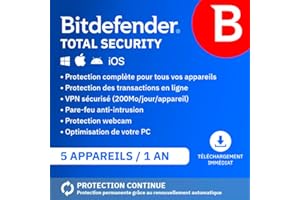 Bitdefender Total Security 2025 | 5 Appareils | 1 An | PC/Mac/iOS/Android | Code d’activation par email | Renouvellement Automatique