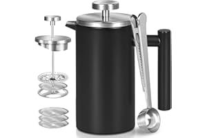 Wrobic French Press Cafetera 34 Oz - 1000 ml Doble Pared Aislada Prensa Francesa, 3 Filtros y Cuchara Adicional, Café Prensa Francesa para Hogar, Camping y Oficina, Negro