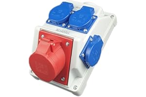 RoadEu - Presa Industriale da Parete Combinata, 16A, presa 5P, 3 x 230V Schuko, distributore di corrente IP44, presa PCE CEE, Ideale per il garage, il capannone o la fabbrica