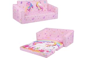 decalsweet Divano Letto 2 Posti per Bambini 2-in-1 Pieghevole Schienale Poltrona, Comoda Stabile Divano Bambino Bambina, Pieghevole Leggero Apribile per Camera da Letto, Soggiorno (Unicorno Rosa)