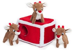 ZippyPaws - Świąteczna nora, interaktywna piszcząca zabawka dla psa z napisem "Hide and Seek" - długopis renifera