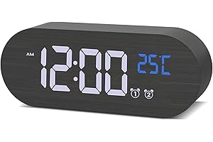 aboveClock Reloj Despertador Digital con Pantalla LED de Temperatura, Despertador de Madera con 2 Alarmas,Función Snooze,13 Música,5 Niveles de Volumen,USB-Alimentado