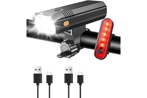 JR JUMIAR Bright Bike Lights Set, 2000mAh Rechargeable Type C Bicycle Lights Front and Rear, Waterproof Mountain Bike Lights with 5 Light Modes, Power Display, Easy to Install and Use Cycle Lights