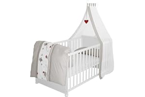 ‎ROBA roba Babybett Set Adam & Eule - 70 x 140 cm - Mitwachsendes Kinderbett mit Bettwäsche, Himmel, Matratze - Höhenverstellbar - zu Juniorbett umbaubar - Holz weiß