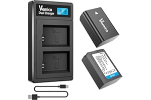 Vemico NP-FW50 Batterie Chargeur Kit 2 Pack 1200mAh Remplacement Batteries Type-C LCD Chargeur Double pour Sony A7/A7ii/A7rii/A7sii/A6500/A6400/A6300/A6000/ZV-E10 (Compatible avec l'original)