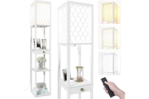 Jehiatek Floor Lamp with Shelves, E27 LED Bulb Tall Standing Light with Remote, Modern Reading Lamp with a Drawer Storage, for Bedroom, Living Room, Office, 160cm, White