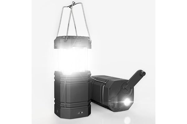 Lanterne Solaire de Camping à Manivelle, Lampe de Poche LED Portable Ultra Lumineuse, Batterie 3000mAh et Autonomie 30-35 H, Charge Port USB & Etanche pour l'Extérieur, Lecture, Randonnée, Urgence